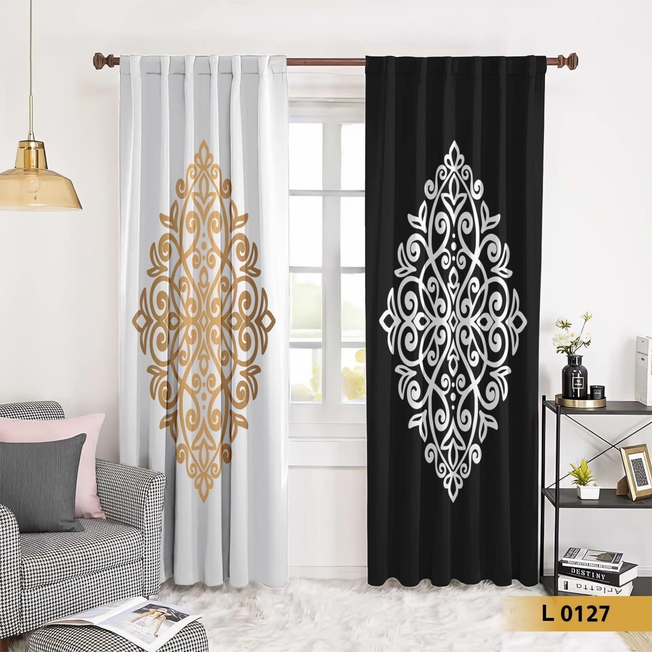 ستارة قطيفة مودرن أسود × أبيض بنقشة ذهبية وفضية – طباعة فاخرة 3D – موديل L0127